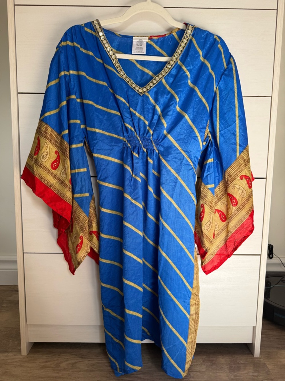 Bohemian V-Neck Kaftan Midi Dress in Blue with Gold & Red Trim